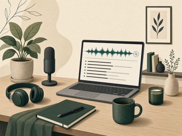 Mesa de podcast con auriculares, micrófono y transcripción en el portátil